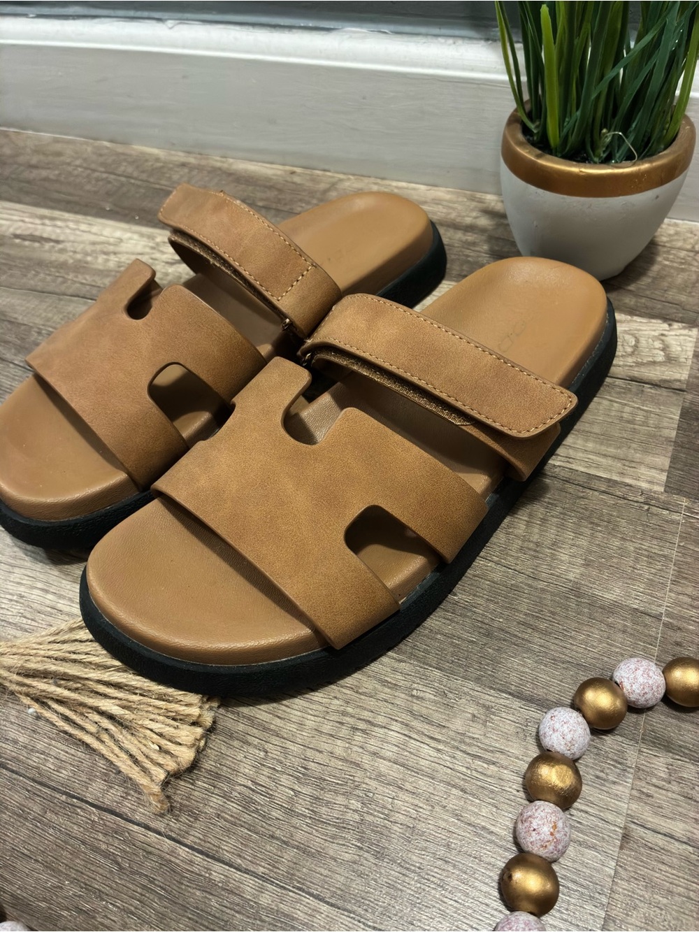 Tan Double-Strap Slide Sandals